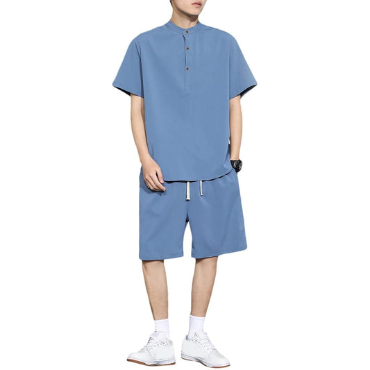 [Mirror You] Men's Jersey, Top and Bottom Set, Short Sleeve T-Shirt, Half-length Pants, Summer, Loose, Japanese Style, Plain