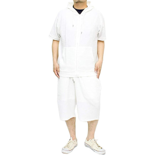 [One Colors] Setup Men's Large Size Seersucker Zip Up Short Sleeve Long Sleeve Hoodie Shorts Top and Bottom 2 Piece Set