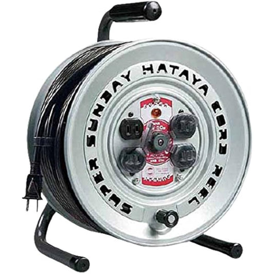 HATAYA Cord Reel, For Indoor Use, 100V Type, Made of Steel (Sturdy), Cord 50m, Thickness 2.0㎟, Standard Type, Built-in Temperature Sensor (Wire Melt Prevention Function), 4 Outlets, Outlet Dustproof Shutter, Built-in Pilot Lamp, For Home Use, Factory Use