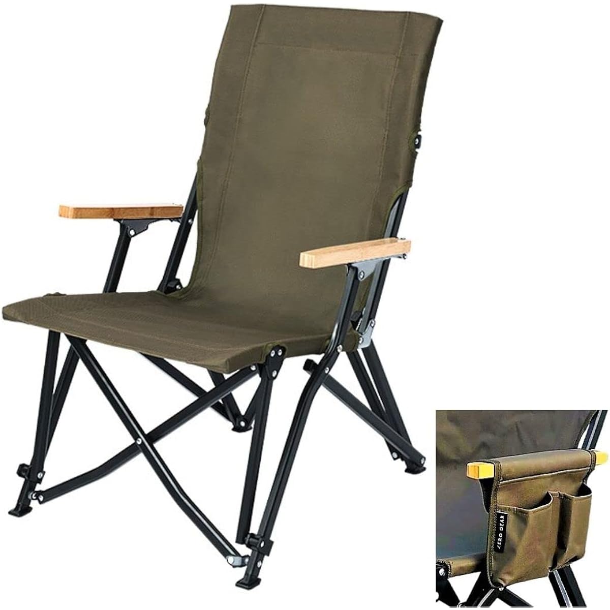 ZERO GEAR Folding Chair with Side Pocket Aluminum (Super Duralumin A2024) Fabric 600D Polyester Load Capacity 120kg Relax (Olive)