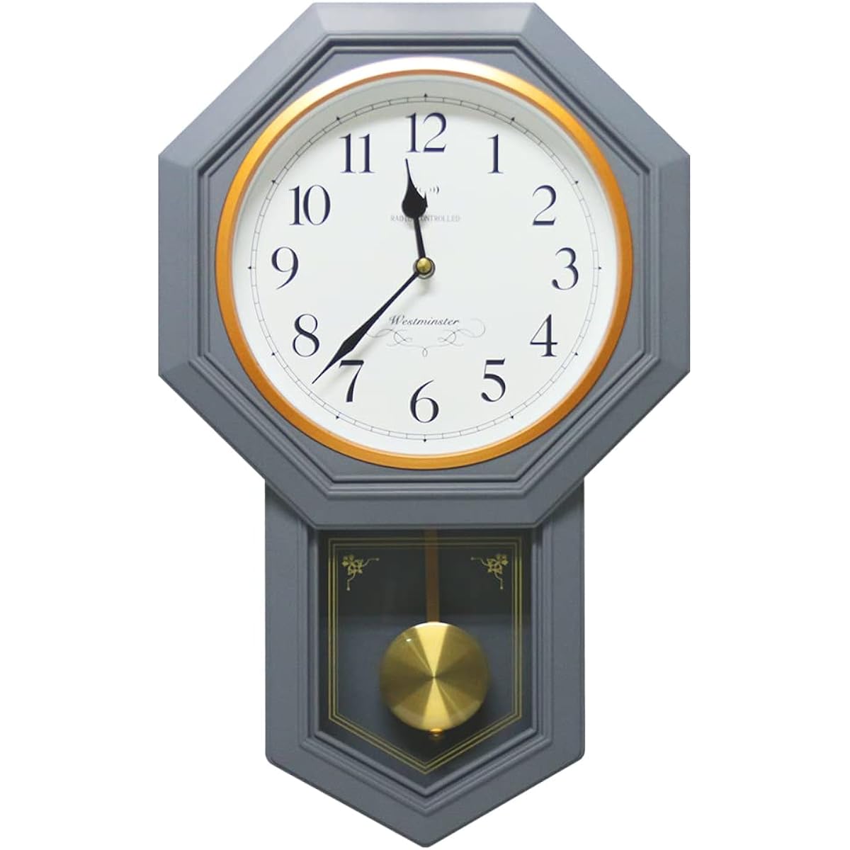BESTIME RC236C Octagonal Pendulum Wall Clock Radio Clock Gray ABS Plastic White Dial Height 52 x Width 32 x 7 cm Every Hour Time Sign Chime Radio Movement Equipped with High Amplification Antenna Kitchen Living Entrance Living Room Office