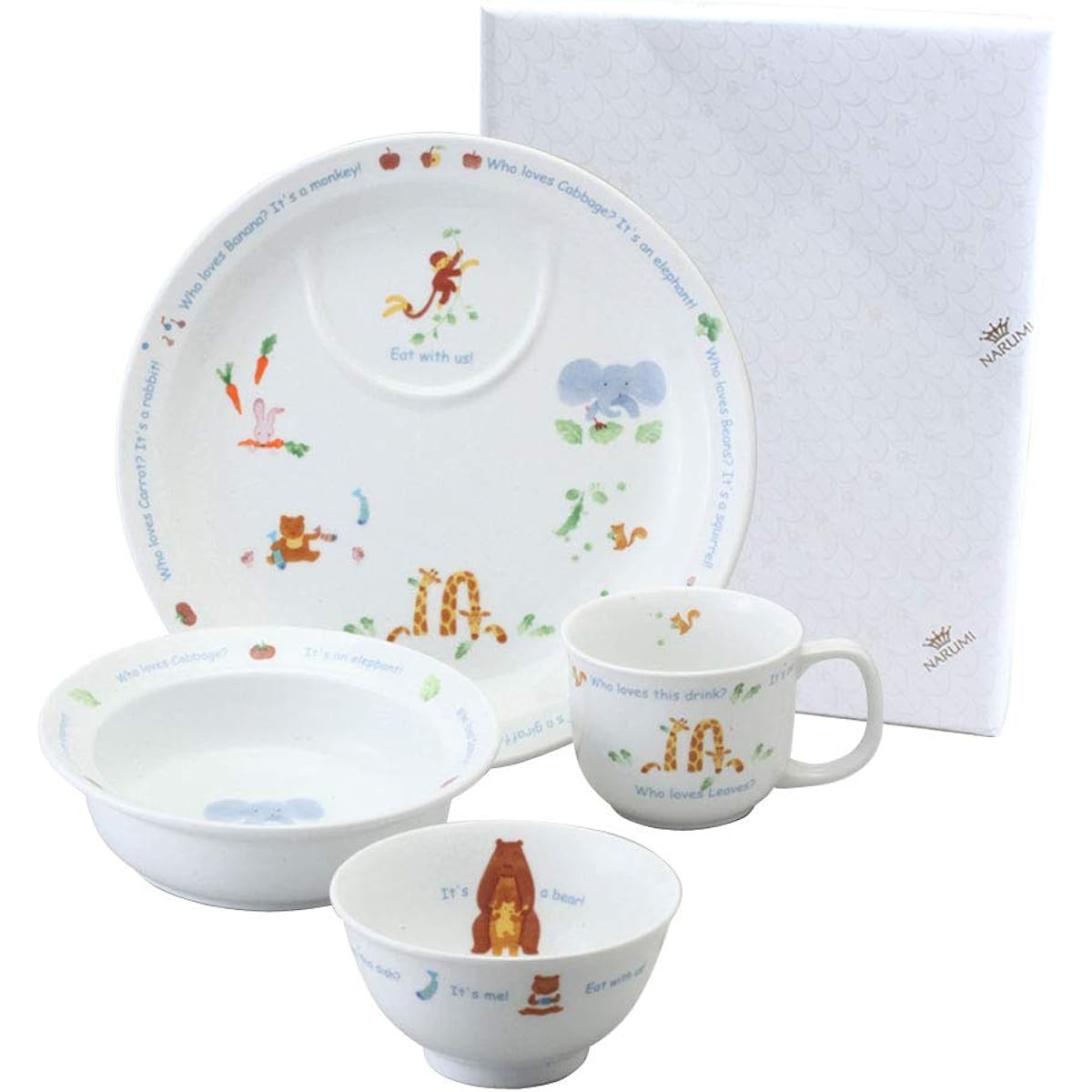 NARUMI Children's tableware set, Let's all eat together! 4-piece set, easy-to-scoop tableware, baby gift, first meal, baby food, gift, oven, microwave, dishwasher safe, original packaging, made in Japan, 40433-33139AZ