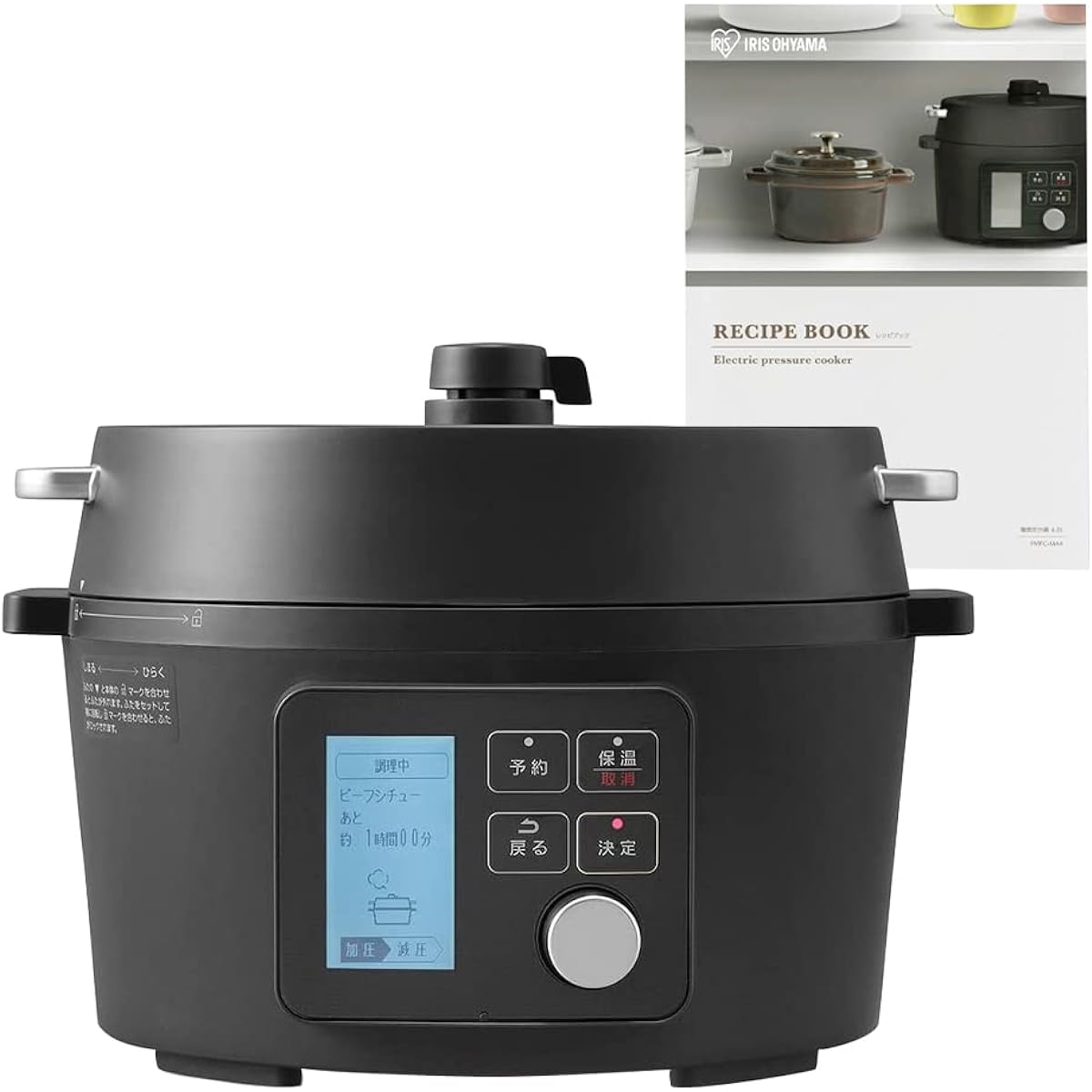 IRIS OHYAMA Electric Pressure Cooker, 4L, For 3 to 4 People, Low Temperature Cooking, Tabletop Pot, Reservation Function, 90 Automatic Menus, Glass Lid, Recipe Book Included, Black PMPC-MA4-B