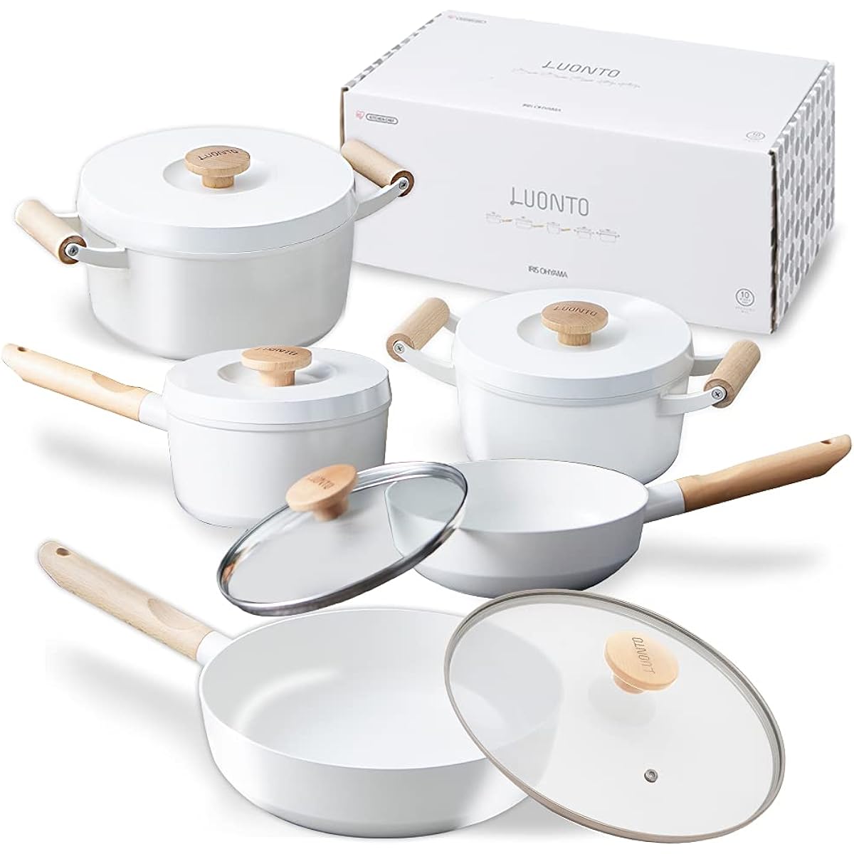 Iris Ohyama Deep Frying Pan, Water-Free Pot, IH/Gas Fire Compatible, "Luonto" Frying Pan, 10 Piece Set, White LUO-SE10W
