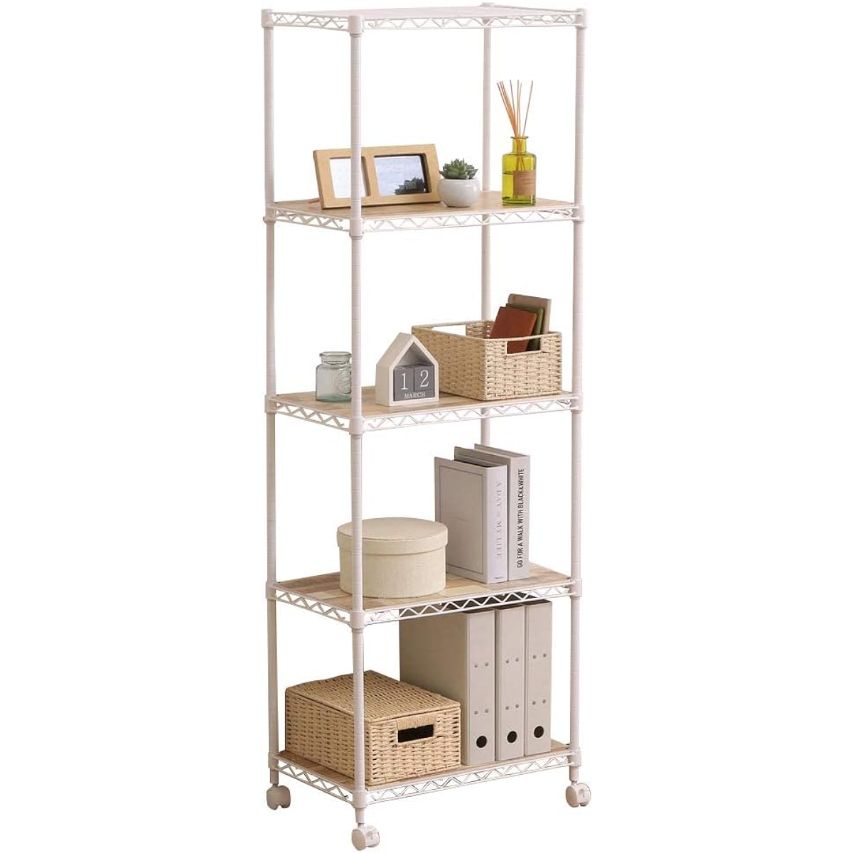 Iris Ohyama Color Rack, Metal Rack, 5 Tiers, White, Wood Board, Casters, Rust Resistant, Width 55 x Depth 35 x Height 163 cm, Pole Diameter 19 mm, Steel Rack, Rust Resistant, Main Unit CMM-55165B