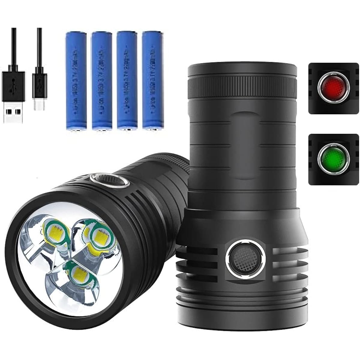LED Flashlight 10000LM 4800mAH USB Rechargeable Powerful Military Strongest Small USB Rechargeable LED Lightweight Waterproof 3 Modes Dimmable Earthquake Disaster Prevention Power Outage Emergency Outdoor Camping Hunting Night Fishing (18650 Lithium Batt
