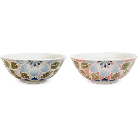 J-kitchens Isaozan Kiln Completely Hand Painted Pair Ramen Donburi/Bowl 750cc Hasami Ware Made in Japan Strawberry Flower (Purple Red)