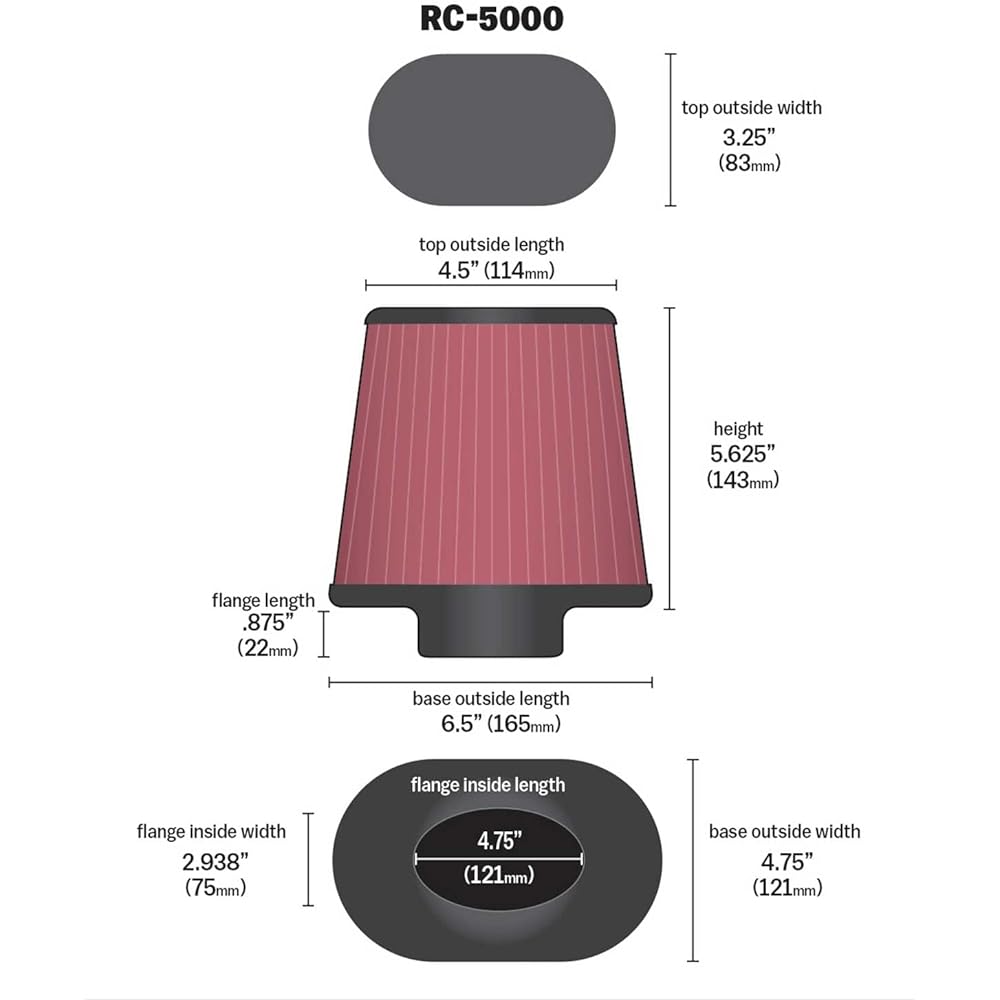 K & N General-purpose clamp-on air intake filter: high performance, premium, washable, replacement air filter: filter height: 5.625 inches, flange length: 0.875 inches, shape: Oval straight RC-5000
