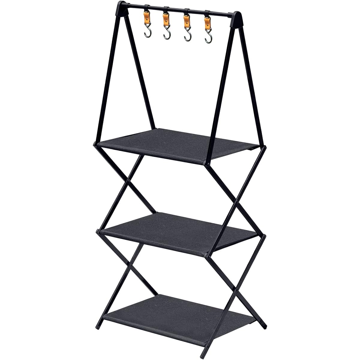 FIELDOOR Outdoor Folding Rack Shelf [Matte Black] Convenient Folding 3 Tier Rack Aluminum Composite Material Hanger Hook Storage Bag Included Lightweight Compact Camping Solo Camping Glamping BBQ