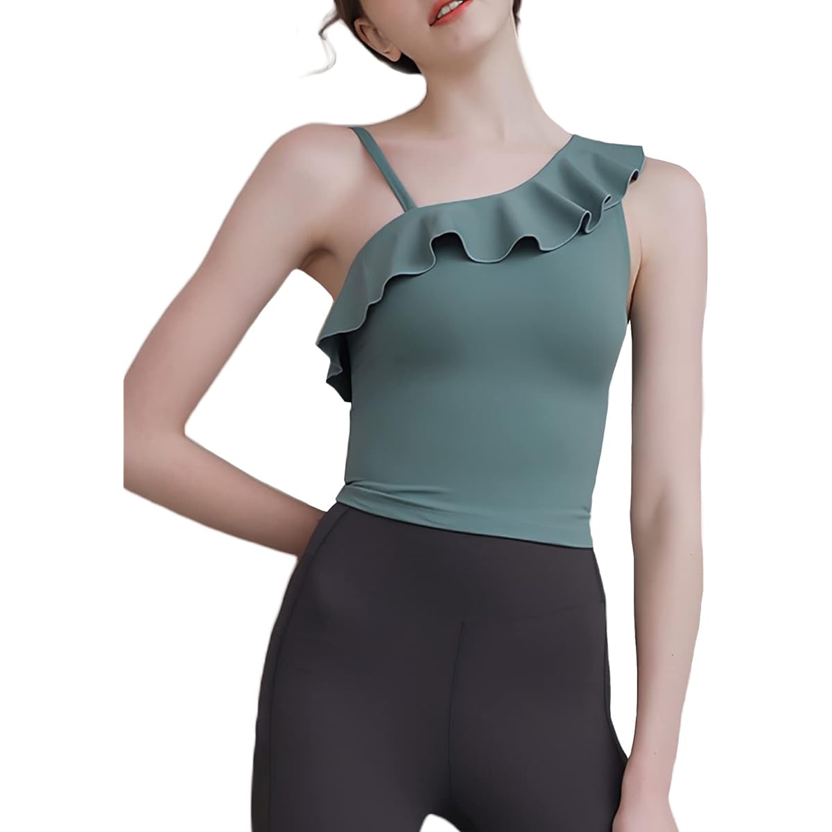 [VeroMan] Sportswear Women's Tank Top with Cups One Shoulder Ruffles Yoga Ballet ppi-ttb10