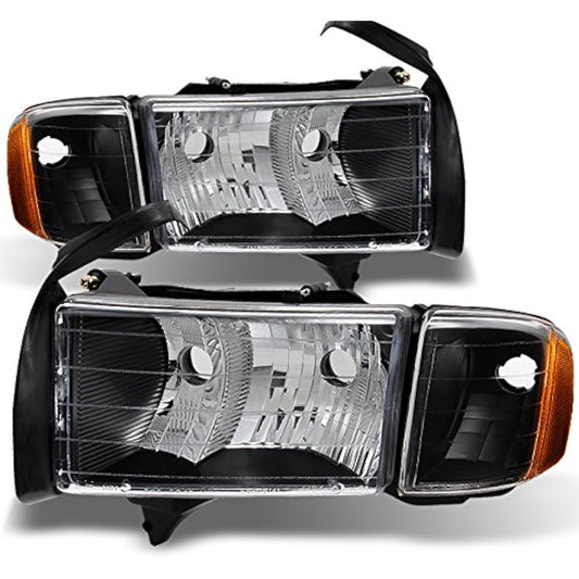 99-01 Dodge Lamb 1500 Pickup Track Sport Package Black Headlight Head Lamp Replacement Pair Set