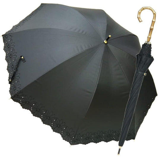 [Nouvel Japonais] Nouvel Japonais Parasol, Long Umbrella, For Sunny or Rainy Weather, UV Protection, Flower Embroidery, Bamboo Handle