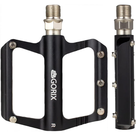 GORIX Bicycle Pedals, Flat Pedals, Aluminum, Lightweight, Thin, Wide Design, Spike Pins, Anti-Slip, Stylish (GX-F65), Simple Design, Flat Pedal, Black, Durable, Road Bikes, Cross Bikes, Mountain Bikes, and Other Bicycles, Cycle Pedals