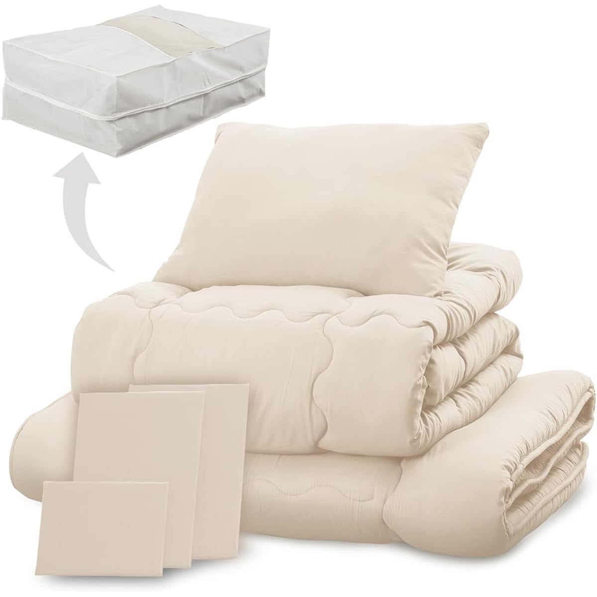 Iris Plaza Ready-to-use 7-piece comforter set, single, antibacterial and odor resistant, comes with a neat storage case, moist and smooth peach skin processing (comforter, mattress, pillow, each cover included), Ivory