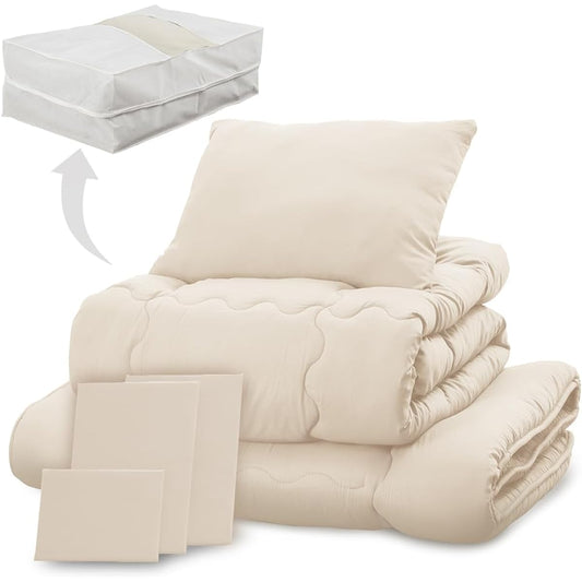 Iris Plaza Ready-to-use 7-piece comforter set, single, antibacterial and odor resistant, comes with a neat storage case, moist and smooth peach skin processing (comforter, mattress, pillow, each cover included), Ivory