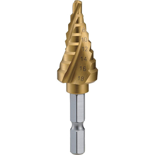 TRUSCO Hexagonal Shaft Step Drill 3-Flute Titanium Coating 4~18mm 3S-NMS-18G