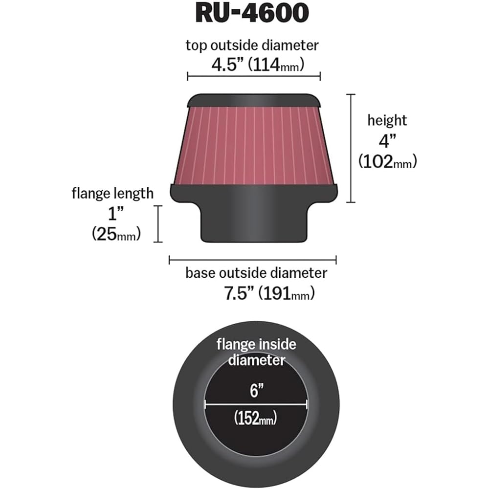K & N General-purpose clamp-on air intake filter: high performance, premium, washable, replacement air filter: Flange diameter 6 inches, 4 inches: 1 inch length, shape: round tapered RU-4600