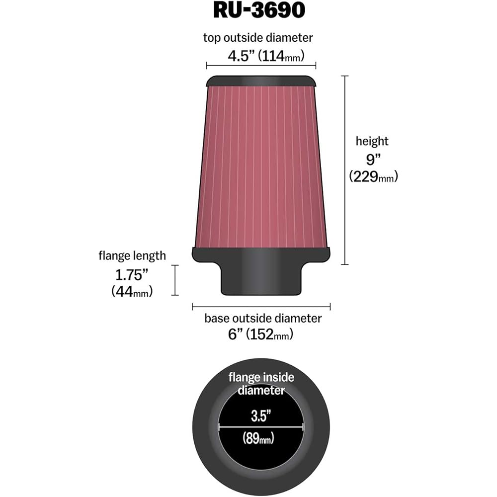 K & N Universal Clamp-on Air Filter: High performance, premium, washing, replacement filter: Flange diameter: 3.5 inches, 9 inches, flange length: 1.75 inches, shape: Round tapered, RU-3690