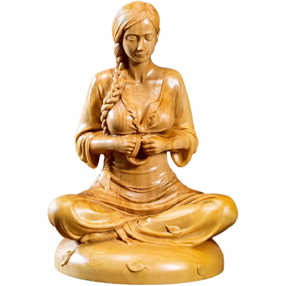 Wood carving ornament, meditative sitting beautiful girl statue, high-quality natural boxwood wood carving female statue, wooden sculpture, ornament, interior object, art object, yellow yang, tsuge, wooden statue, wooden figure collection, strongest good