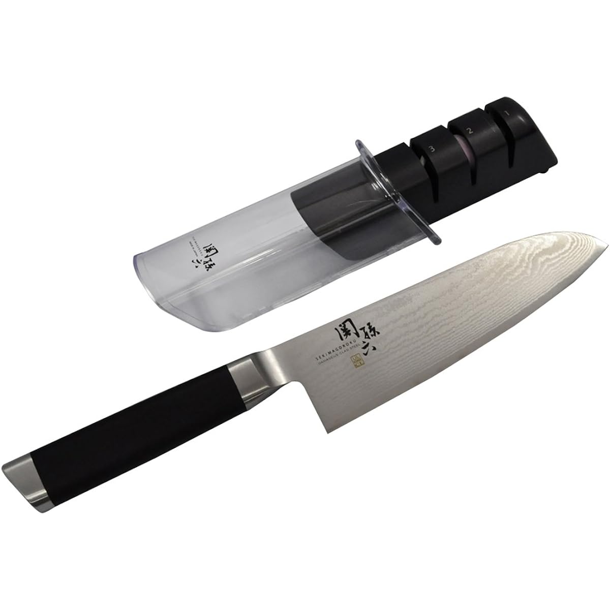KAI Damascus Santoku Knife 165mm AE-5200 & Diamond & Ceramic Sharpener Set Made in Japan