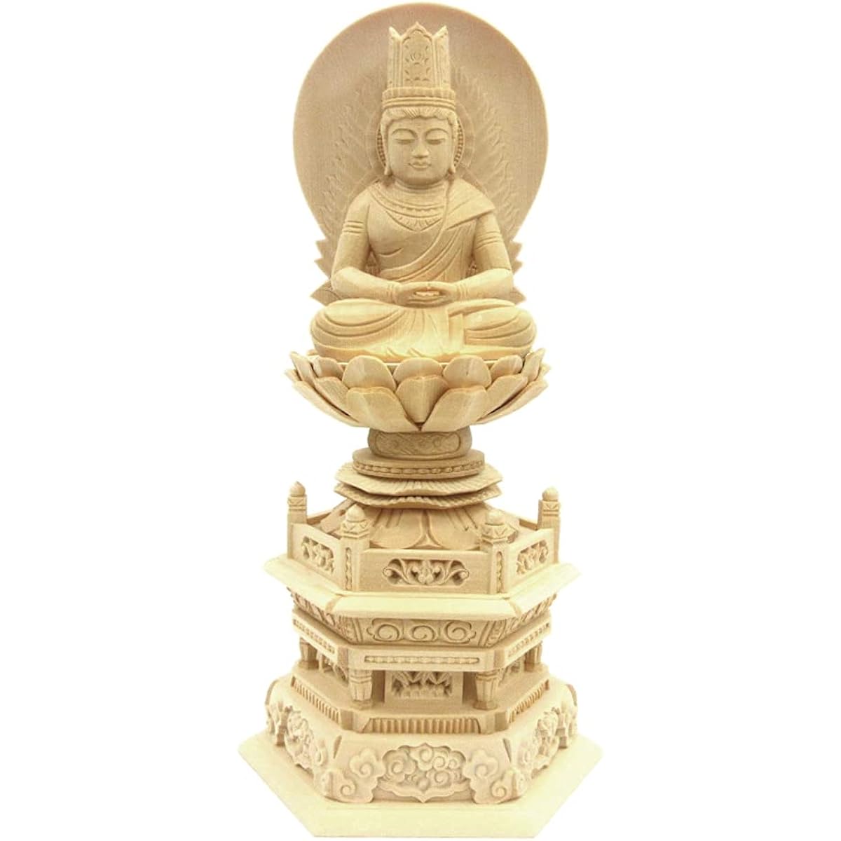 Kurita's special Buddha statue [Tathagata] (Womb World) Dainichi Nyorai seated statue 2.5 dimensions (total height 27.5 cm, width 13.5 cm, depth 10 cm) High quality wood carving made of Japanese cypress, sun halo hexagonal stand 5646