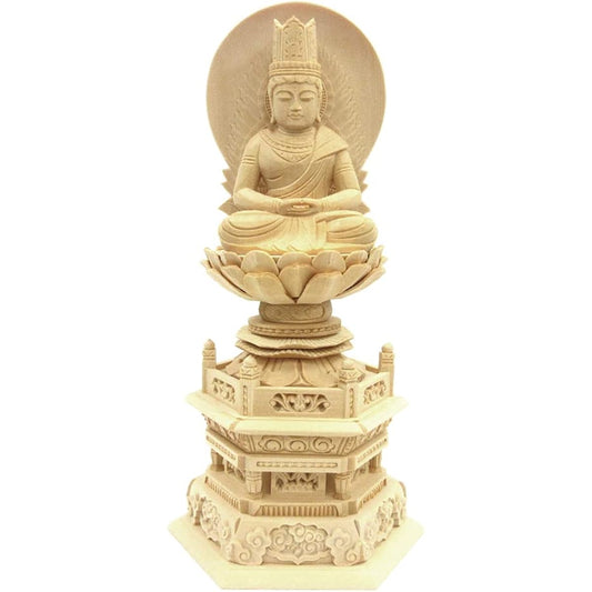 Kurita's special Buddha statue [Tathagata] (Womb World) Dainichi Nyorai seated statue 2.5 dimensions (total height 27.5 cm, width 13.5 cm, depth 10 cm) High quality wood carving made of Japanese cypress, sun halo hexagonal stand 5646