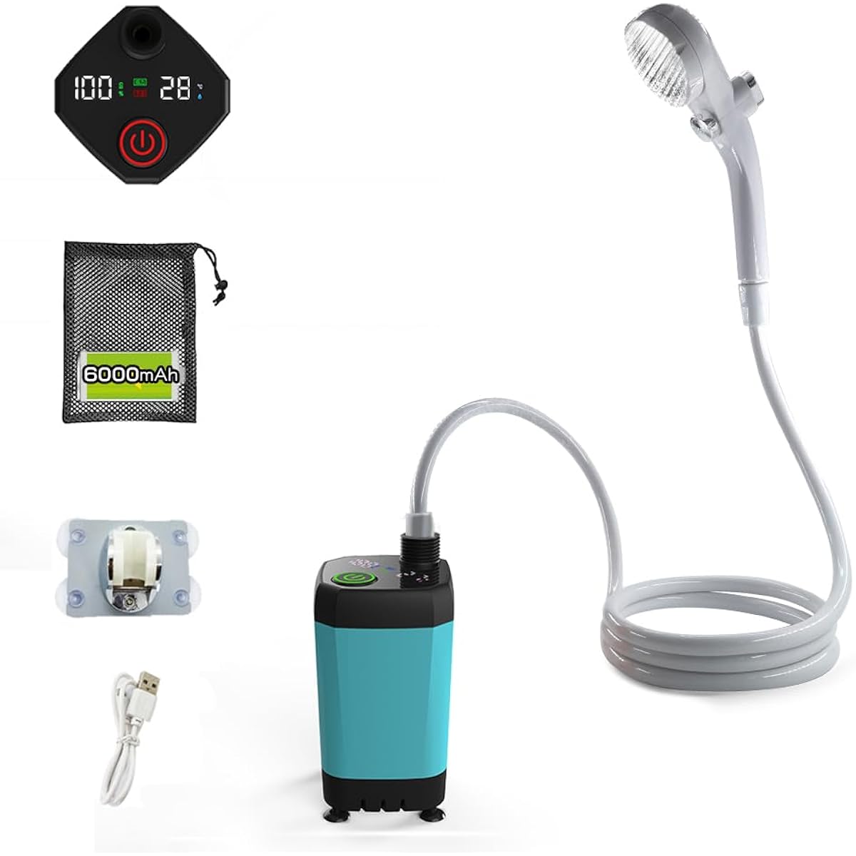 [2024 Latest Model] VIGOUROUS Portable Shower Outdoor USB Rechargeable 6000mAh Powerful/Efficiency Mode Electric Shower Camping Stepless Water Flow Adjustment Fishing Beach Surfing Travel Watering Car Wash Plant Watering Disaster Prevention Compact Pet S