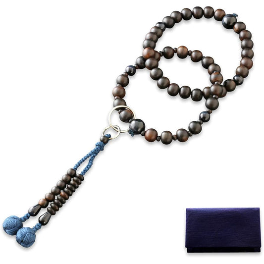 Kyoto Buddhist Altar Hayashi Prayer Beads Jodo Sect Ebony (raw sawn) with blue tiger eye stone (8 items) (for men) Formal Official [Bead Bag Set] SM-011 Kyoto Prayer Beads