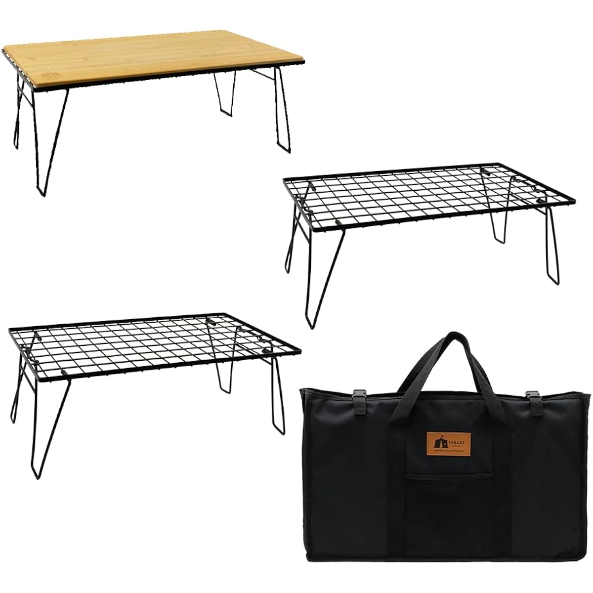 HIBARI Field Rack Camping Rack Set of 3 with Storage Case Matte Black Camping Storage Compact Outdoor Wagon Outdoor Table Folding Table Low Chair Outdoor Camping Table (3 Racks/1 Top Board/Storage Case)