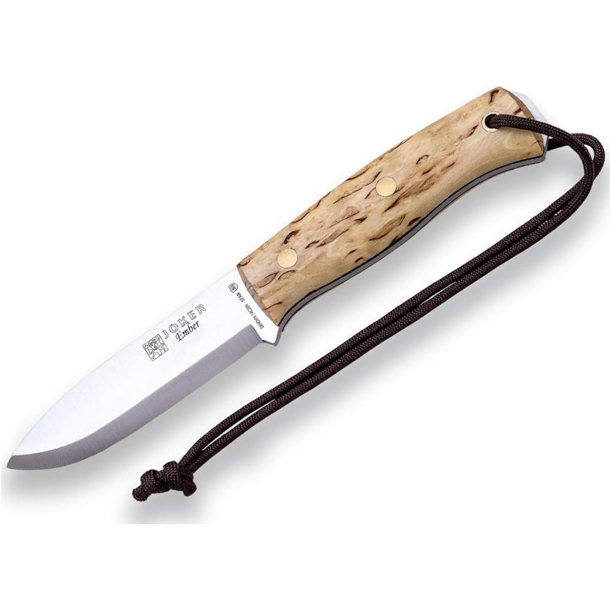 Joker Hunting Knife Ember Scandi CL122 4.1" Blade Sandvik 14C24N Steel Curly Birch Wood Handle Leather Sheath Fishing Hunting Camping Hiking Tool