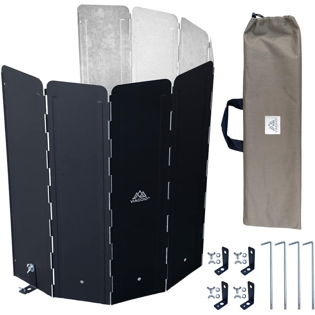 Viaggio+ Windshield Windshield Camping 122 x 60cm Bonfire with Pegs 8 Pieces Connected Galvanized Steel Plate Extension Plate Folding Black