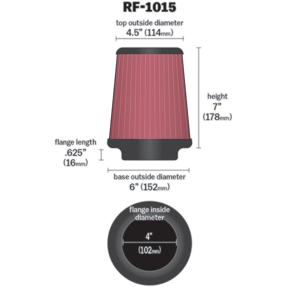 K & N Universal Lump On Air Intake Filter: High performance, premium, washing, replacement filter: Flange diameter: 4 inch, filter height: 7 inches, flange length: 0.625 inches, shape: Round tapard, RF-1015