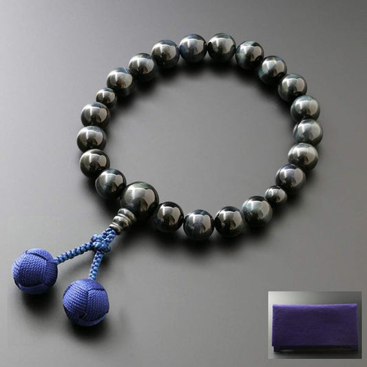 Kyoto Buddhist Altar Hayashi Prayer Beads for Men Pure Silk Kumihimo Sanskrit Tenbo Blue Tiger Eye Stone (20 Beads) [Hawkseye] [Bead Bag Set] M-013 Kyoto Prayer Beads Can be used by all sects.