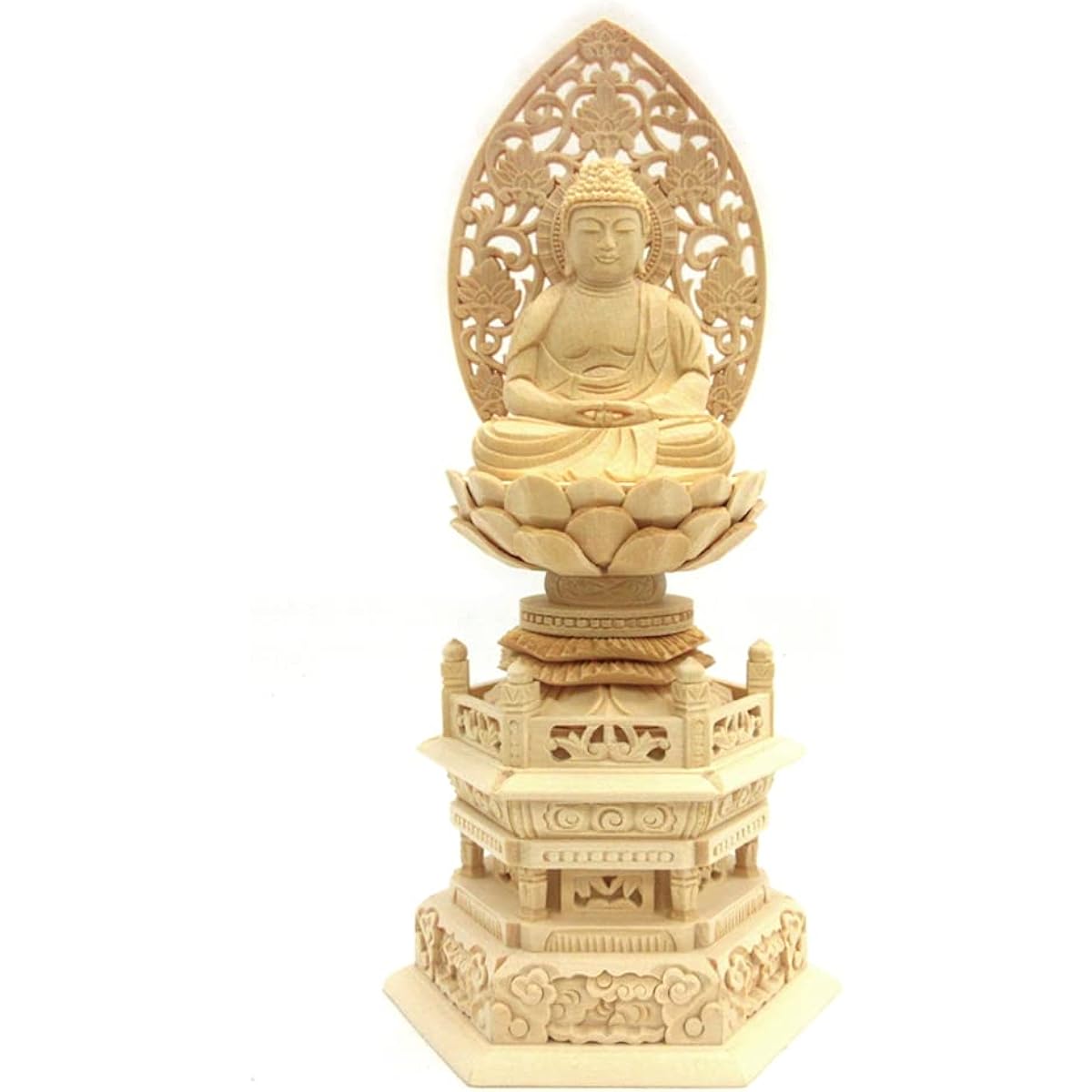 Kurita's special Buddha statue [Tathagata] Amida Nyorai Seated statue 2.0 dimensions (total height 24.5 cm, width 11.5 cm, depth 8.5 cm) Grass halo Hexagonal stand High quality wood carving made of cypress wood 610
