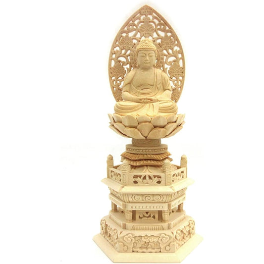 Kurita's special Buddha statue [Tathagata] Amida Nyorai Seated statue 2.0 dimensions (total height 24.5 cm, width 11.5 cm, depth 8.5 cm) Grass halo Hexagonal stand High quality wood carving made of cypress wood 610