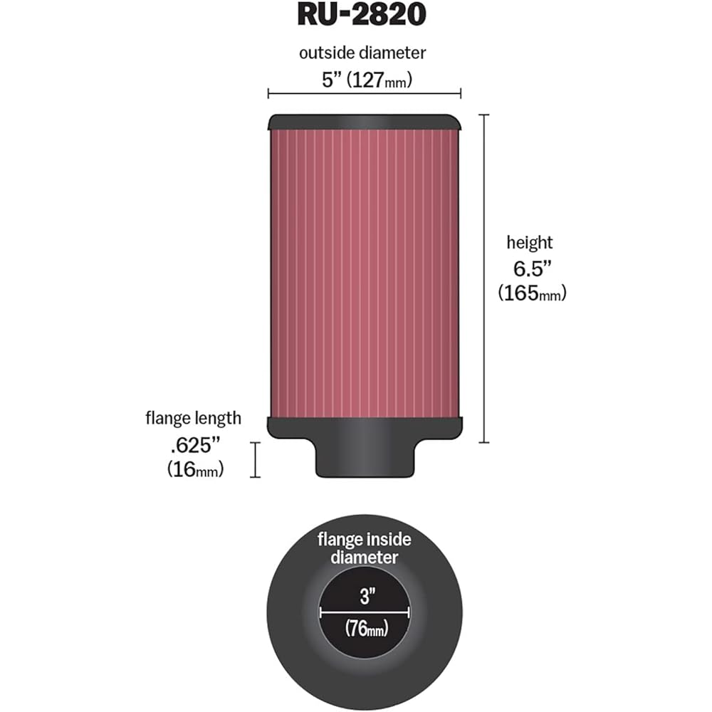 K & N Universal Clamp-on Air Filter: High performance, premium, washing, replacement engine filter: Flange diameter: 3 inches, filter height: 6.5 inches, flange length: 0.625 inches, shape: Round RU-2820