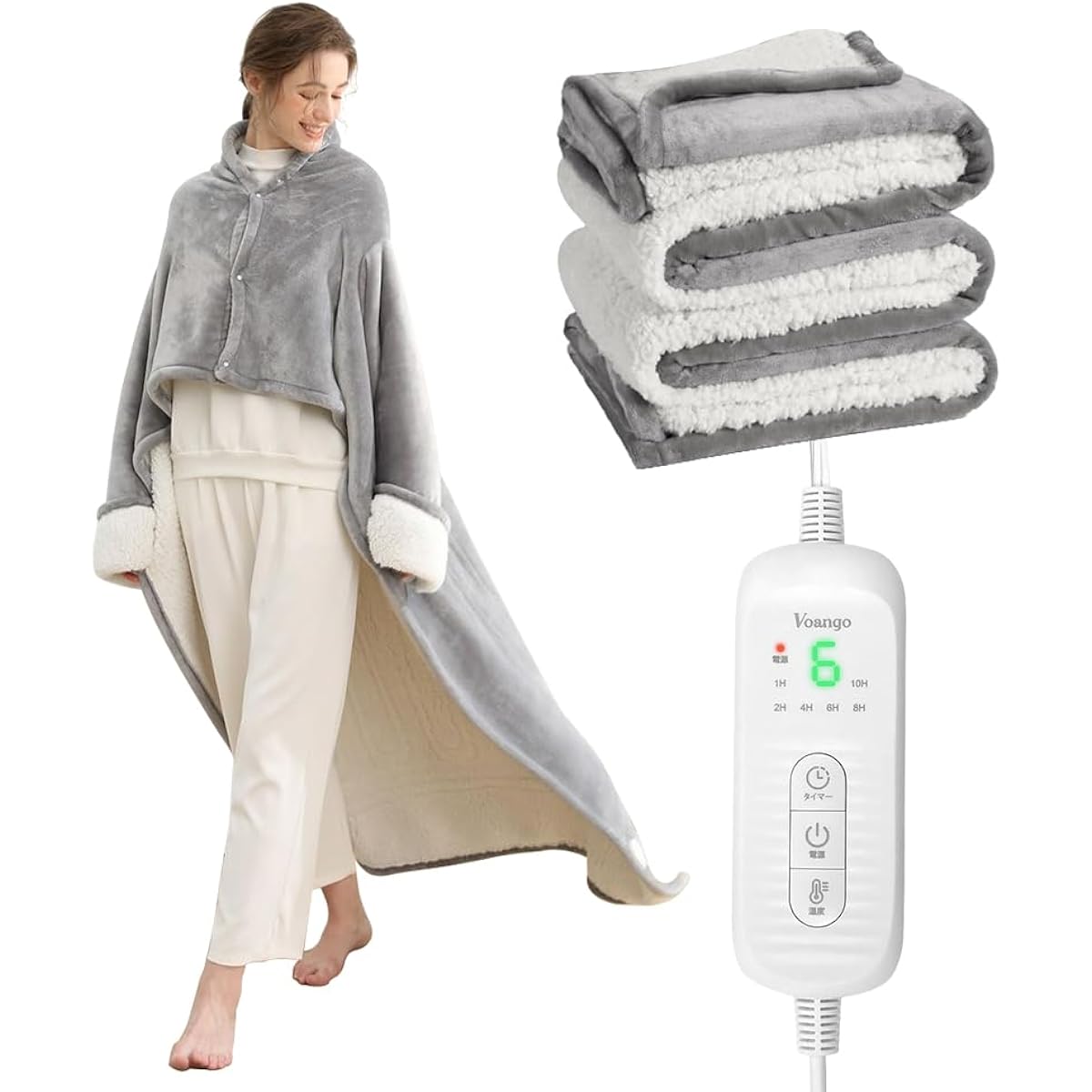 Voango Electric Blanket, Wearable Kotatsu, Electric Throw Over the Shoulder (Sleeved, Thick), 59.1 x 51.2 inches (150 x 130 cm), Large, Flannel + Sheepboa Fabric, Electric Blanket, 6 Temperature
