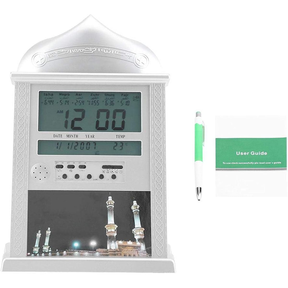 Muslim Alarm Clock, Muslim Islamic Prayer Clock Azan Prayer Alarm Digital Azan Table Clock Silver Battery Excluded Azan Clock