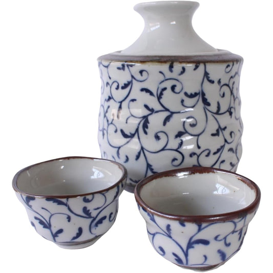 Ale-net Sake Ware, Cold Sake Ware, Tokkuri, Hot Sake, 300ml, Tsuru Arabesque, Sake Warmer, Sake Ware with Heater (Large), Includes 2 Cups, Pottery, Mino Ware
