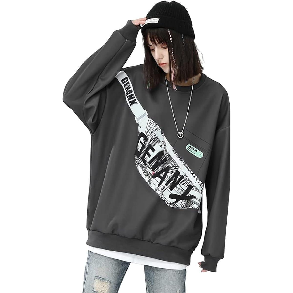 [Genanx] Unisex Graphic Typography Print Loose Fit Pullover Sweatshirt Detachable Bum Bag Crew Neck Hoodie