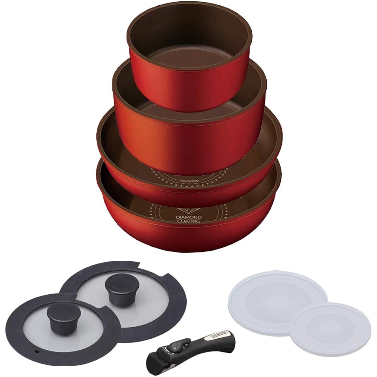 Iris Ohyama Frying Pan Set, Gas Fire/IH Compatible, 9 Pieces, Diamond Coated, Orange, Lightweight, Non-stick, Easy to Clean H-IS-SE9