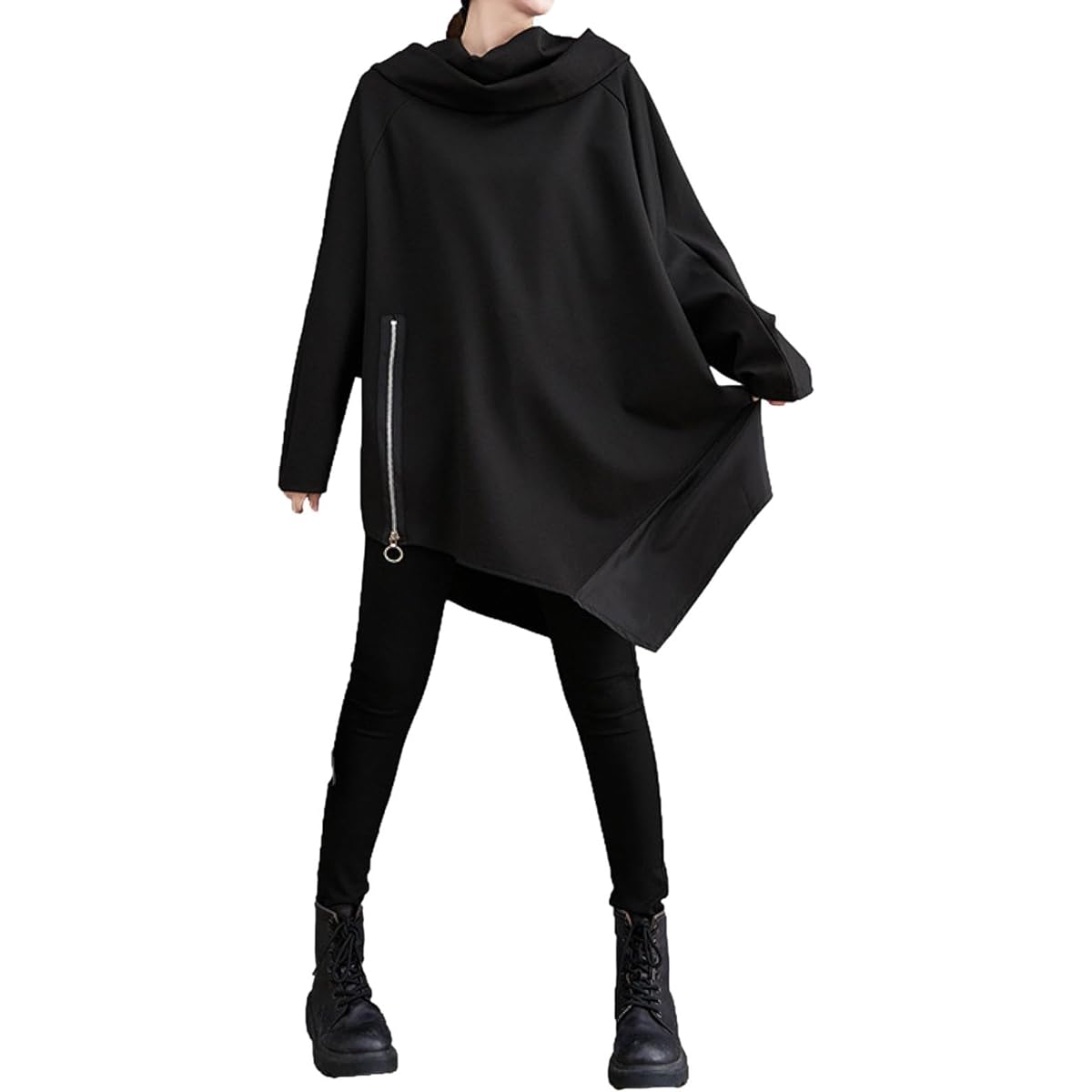 [COZENTA] Women's Oversized Long Sleeve Parka Pullover Drape Neck Asymmetric