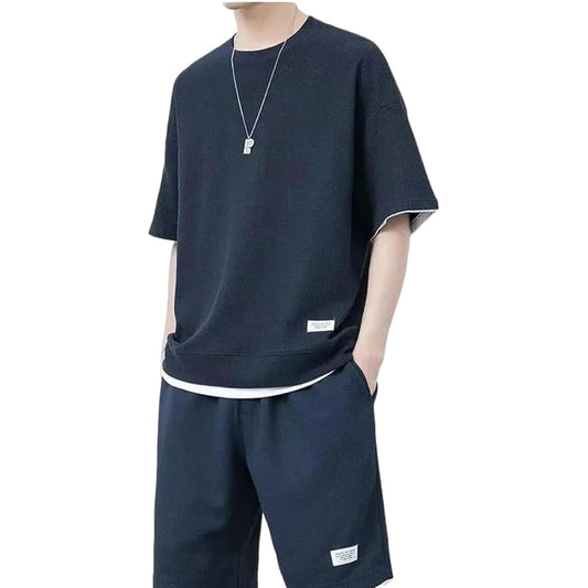 [SEGANUP] Setup Men's Summer Jersey Large Size Sweatshirt Beige Azure Loungewear Top and Bottom Set Sleepwear Room Wear Short Sleeve Shorts Stylish Loose
