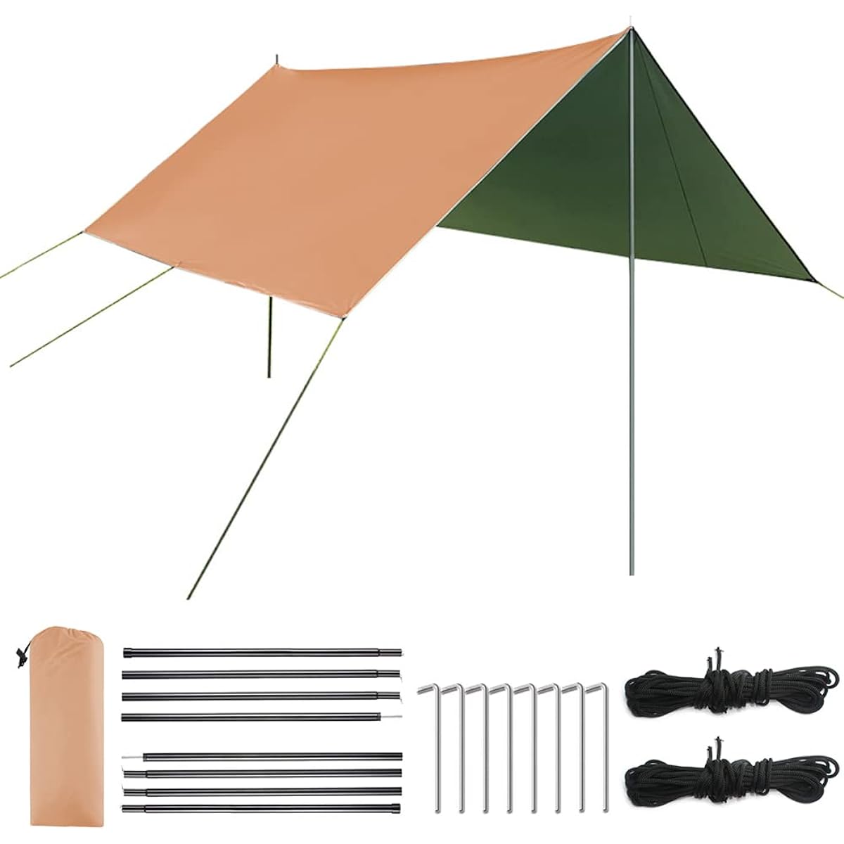 Waterproof Tarp Camping Awning Shade Outdoor Tarp with Pole Sun Shelter Sun Shade Heat Shielding Light Blocking Storage Bag Included Multifunctional Lightweight Camping Equipment for 2-6 People 3 x 3 m (Khaki)