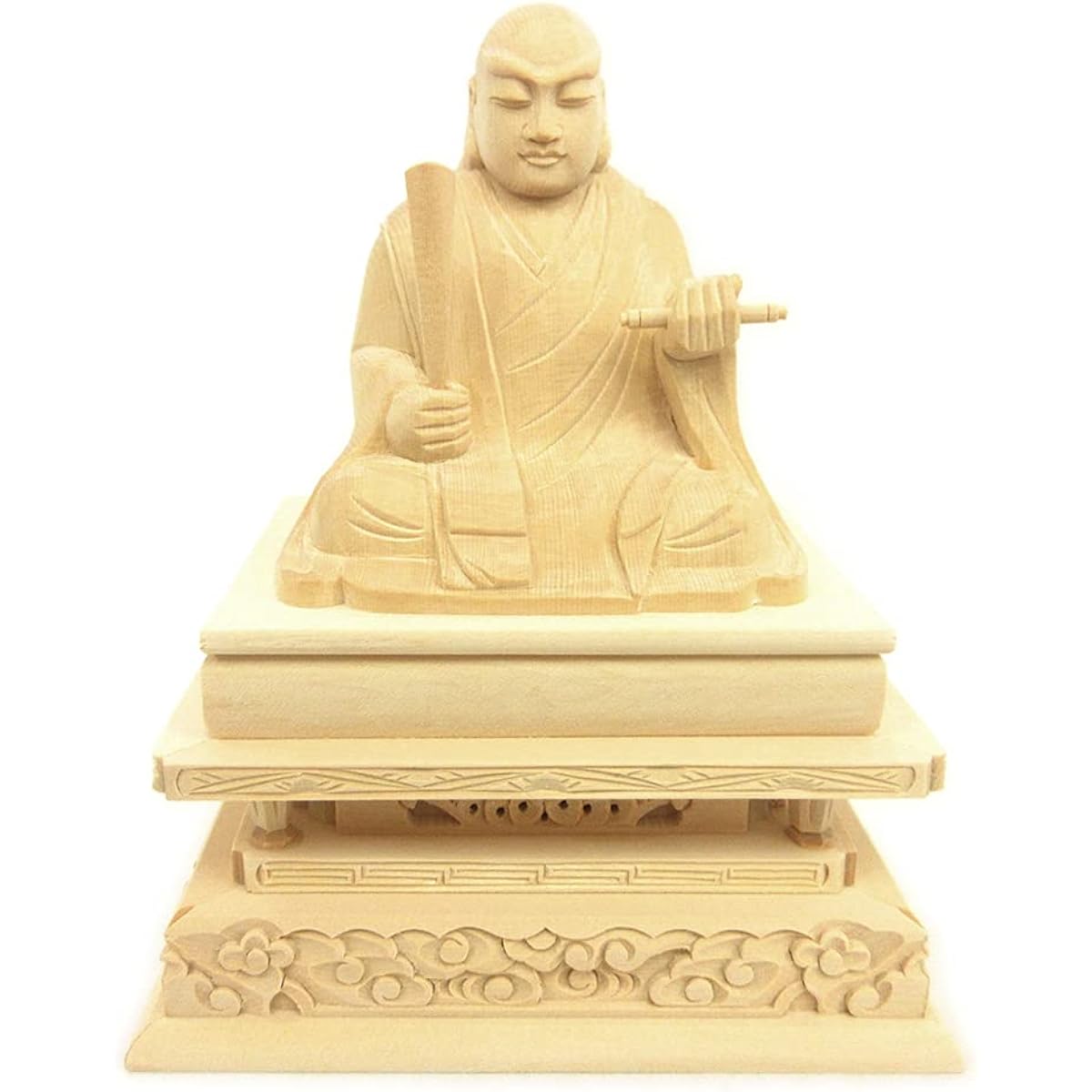 Kurita Specialty Buddha Statue [High Priest] Nichiren Saint Seated Statue 3.0 inches (Total Height 19cm, Width 15cm, Stand Depth 10.5cm) High-grade Japanese Cypress Wood Carving Square Stand 15071