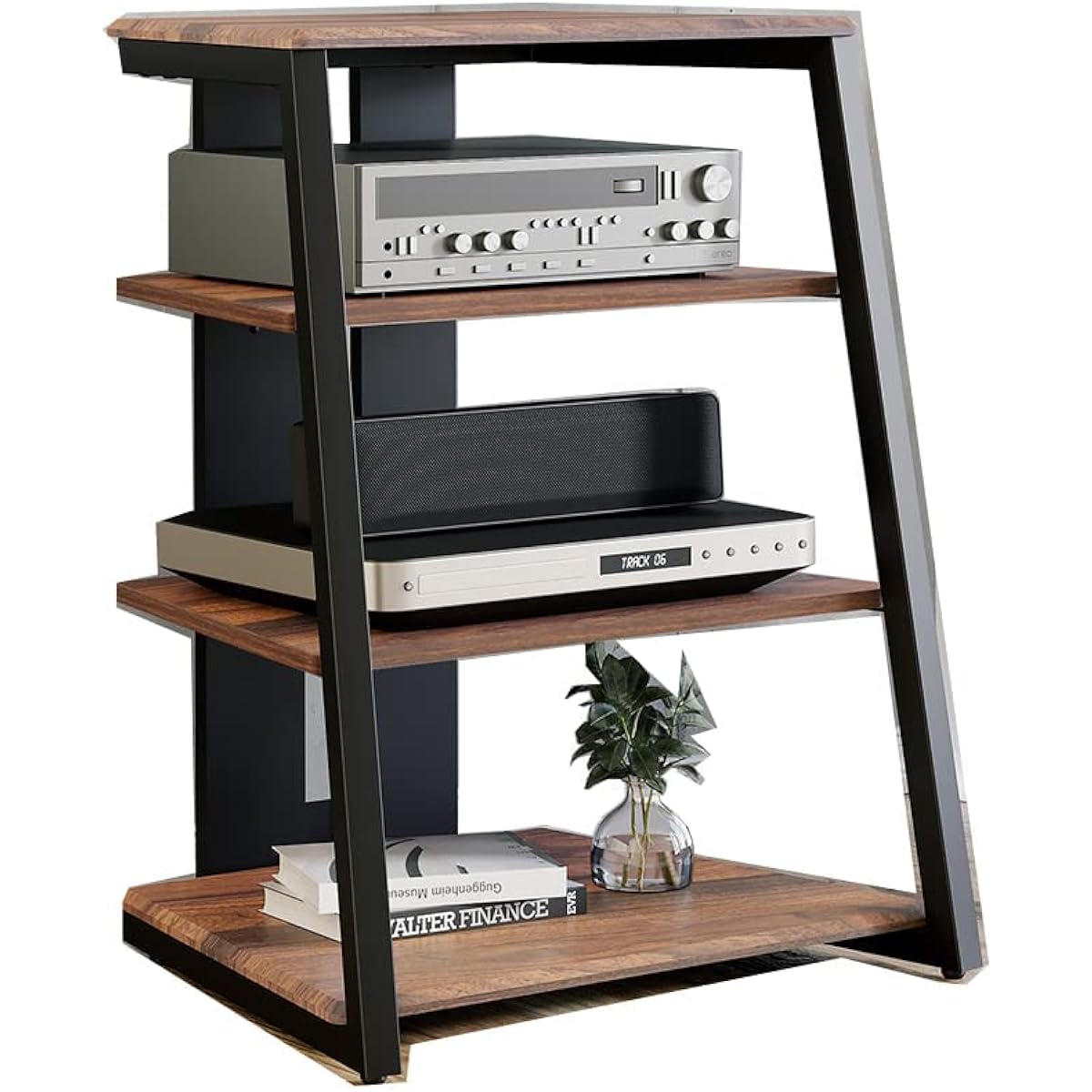 FITUEYES Audio Rack Interior Trapezoid Woodgrain Finish Shelf AV Rack Steel Frame Back Wiring Pitch Adjustable Walnut + Black F07F4061L