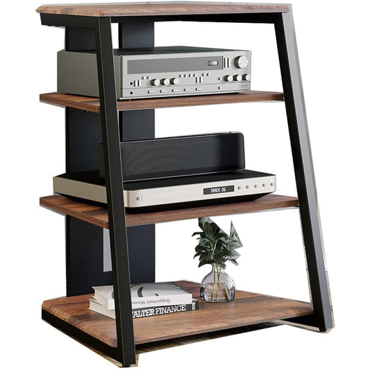 FITUEYES Audio Rack Interior Trapezoid Woodgrain Finish Shelf AV Rack Steel Frame Back Wiring Pitch Adjustable Walnut + Black F07F4061L