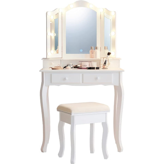 Hagiwara Dresser, Three-sided Mirror, Vanity Table, Actress Mirror, LED Light, Cat Legs, Dimming, Brightness, Stepless, High Light Intensity, Scandinavian Style, Width 75, Depth 42, Height 138, 1 unit, White MD-6728WH