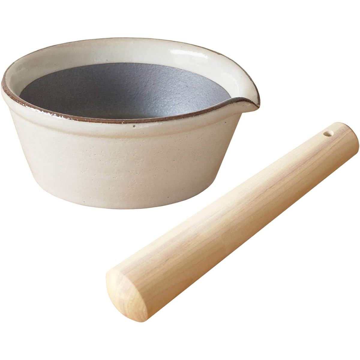 Kamoshika Dogu Shop Mortar and Pestle Set, Banko Ware, Made in Japan, Wooden, No. 5, No Grooves, Single Mouth, Suribachi, Magnolia Wood Suribachi Set (White)