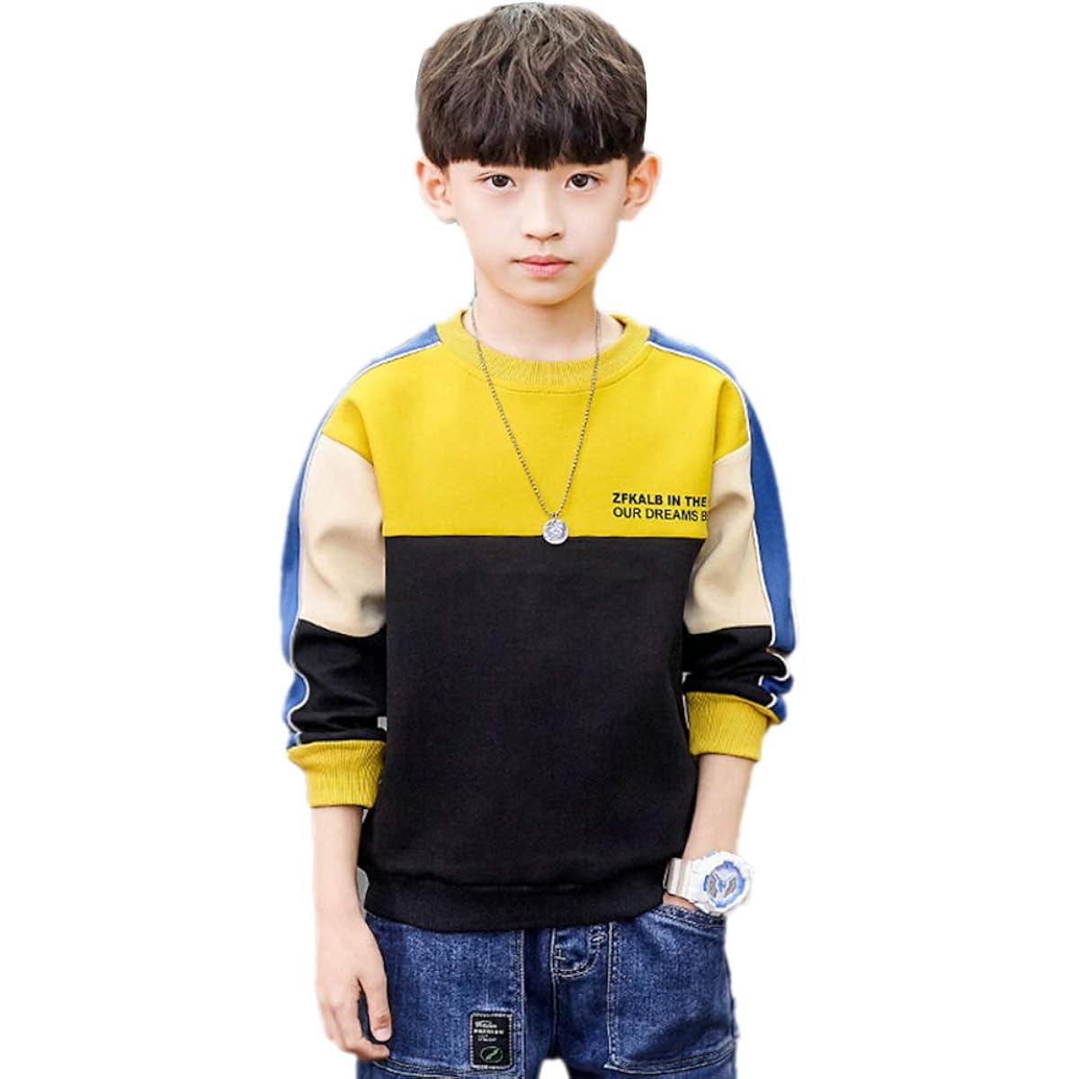 [NiceYY] YUEGUANG Kids' Long Sleeve T-Shirt, Boys, Sweatshirt, Sweatshirt, Round Neck, Junior Boys, Cut and Sew, Stretch, Breathable, Soft, Stylish, Everyday Wear, Loungewear, Casual